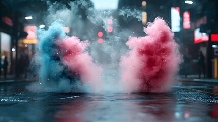 Poster - Mesmerizing City Glowing in Pink and Blue Hues with Misty Futuristic Void   Surreal and Captivating Digital Cityscape for Sci Fi Futuristic or Dystopian Themes