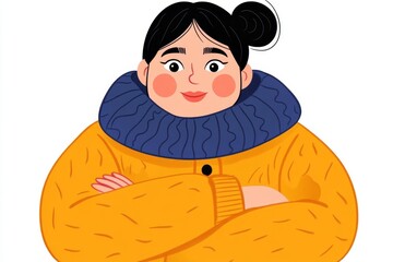 Poster - a 2D cartoon illustration of a woman wearing a winter coat and scarf, warm and fashionable, white background