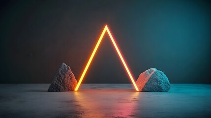 Fototapete - Mesmerizing digital artwork featuring symmetrically positioned glowing neon triangles against a deep black backdrop