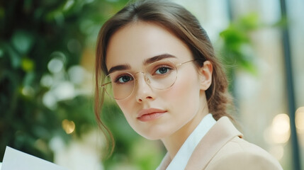 Canvas Print - Portrait of a businesswoman wearing eyeglasses and holding documents, standing in a green indoor environment