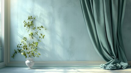 Poster - Elegant Velvet Curtain Draped Over Stage with Soft Natural Light Illuminating Greenery in Serene Setting