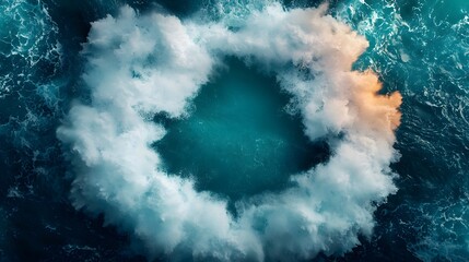 Poster - Mesmerizing Dreamy Ocean Waves Crashing with Turquoise Water and Glowing Mist Leaving a Serene Blank Center Space for Quotes or Overlays