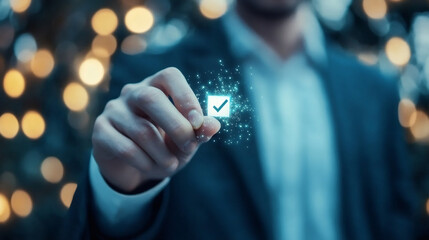 Aufkleber - Digital interface showcasing businessman checking virtual checkbox, representing modern survey technology and corporate innovation