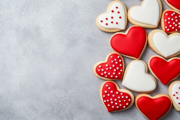 Aufkleber - A close-up of Valentine's Day cookies with red and white icing, decorated in heart shapes and tiny stars, arranged on a clean background for an elegant display. High-quality photograph