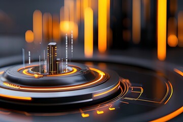 Poster - Futuristic Digital Cityscape with Glowing Elements and Circular Patterns for Technology Background