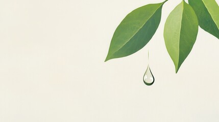Poster - Single Raindrop Dripping from Green Leaf against a Soft Neutral Background