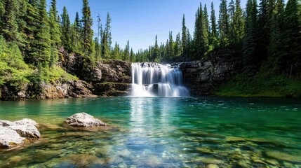 Poster - Majestic Crystal Clear Waterfall in Serene Forest Setting