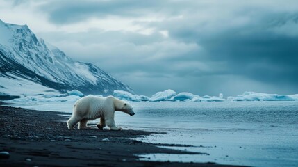 a polar bear walking on the beach in antarctica, with the ocean in the background