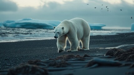 a polar bear walking on the beach in antarctica, with the ocean in the background