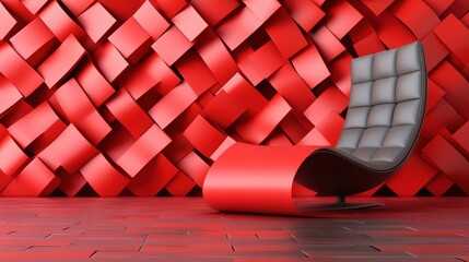 Poster - Chair positioned against a vibrant red wall with natural light and shadow play