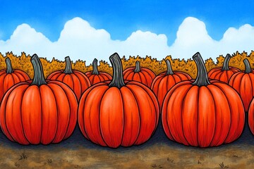 a 2d cartoon illustration of a pumpkin patch for halloween, spooky and fun, white background