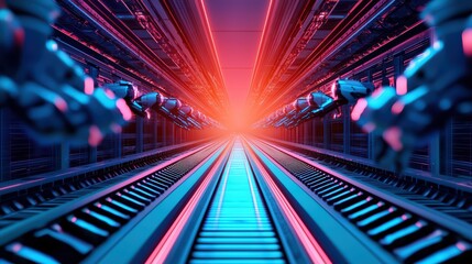Poster - Futuristic Robotic Assembly Line in Chaotic Neon Environment