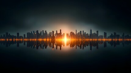 Poster - Mesmerizing night city skyline with symmetrical glowing lights reflecting in tranquil black waters creating a futuristic and serene digital landscape