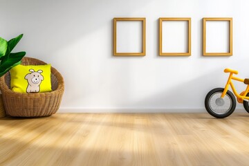Poster - A photo of three wooden picture frames on the wall in an empty room with white walls, light wood floor and soft sunlight coming through the window, there is a rattan chair with cute animal pillows