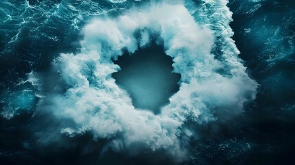 Poster - Mesmerizing Symmetrical Ocean Waves Crashing in Deep Blue Void   Abstract Seascape with Calming Aqua Reflections and Swirling White Center