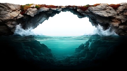 Poster - Mesmerizing symmetrical ocean waves crashing through a dramatic rock arch creating a deep blue water reflection and a calm white void in the center of the frame