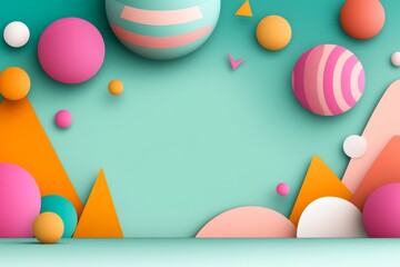 Poster - A vibrant and playful design featuring abstract geometric shapes, including spheres, circles, triangles, and squares in pastel colors like pink, orange, yellow, green, blue, and purple, creating
