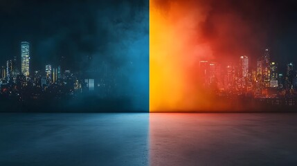 Poster - Minimalist Dark Futuristic Neon Cityscape Wallpaper Background with Glowing Urban Skyscrapers in Style  Empty Space for Text in the Center of the Dramatic Nighttime Scene
