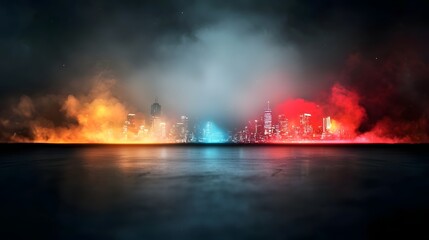 Fototapete - Minimalist dark futuristic cityscape with glowing neon lights on both sides in a style  The scene features a dramatic skyline with illuminated skyscrapers reflecting in the water