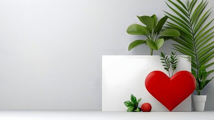 Poster - Minimalist design featuring a simple red heart outline shape against a clean modern white background accented by lush green foliage in a potted plant  This serene