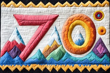 Poster - Abstract collage of snow-capped mountains, bold geometric shapes, and vibrant colors forming the number 