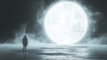 Wall Mural - A solitary figure stands on a misty shore, gazing at a massive glowing moon in the background