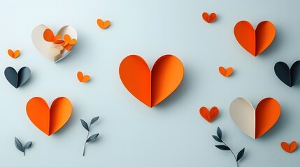 Poster - Minimalist paper cut heart shapes placed symmetrically in a balanced composition with soft shadows and an open central space creating a romantic and elegant graphic design