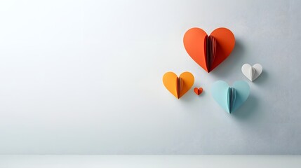 Poster - Minimalist paper cut heart shapes arranged symmetrically with soft shadows and open space in the center creating a serene and delicate composition