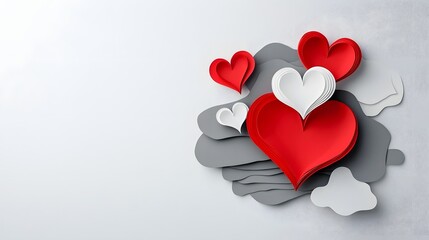 Poster - Minimalist red and gray paper cut heart shapes arranged in a symmetrical layered design with soft shadows cast in the open negative space  Clean modern