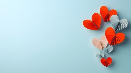 Poster - Minimalist romantic paper cut heart shapes arranged symmetrically with soft shadows open space in the center creating a clean and elegant design for use in holiday gift or home decor concepts