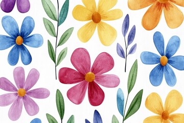 Poster - Cute, tiny, pastel-colored flowers scattered across a white background. Simple watercolor clipart on a plain, blank white background