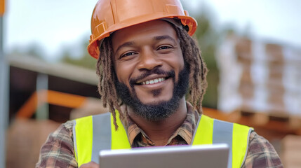 Poster - Black engineer wearing safety gear, smiling while holding tablet at bustling construction site