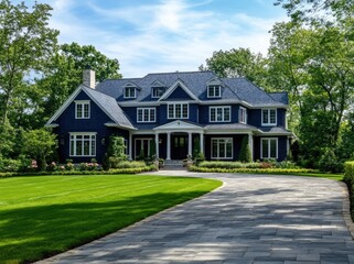 Wall Mural - a large house in the suburbs, with a dark blue exterior and white trim.