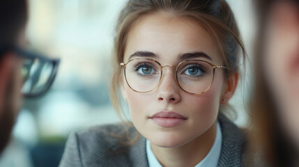 Canvas Print - Professional woman in glasses concentrating during corporate discussion