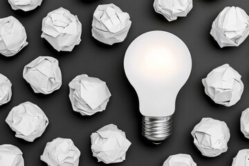 Poster - One light bulb glowing among crumpled paper balls, surrounded by more dimly lit bulbs on a gray background. The concept of new ideas and innovation symbolizes the idea generation process in