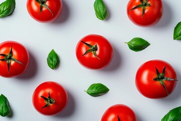 Poster - Red tomatoes with basil leaves isolated on a white background, flat lay, studio lighting, high-resolution photography, insanely detailed, stock photo, professional color grading, award-winning