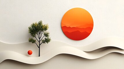Poster - Muted earth tones with gentle paper like textures create a warm minimalist and serene digital art landscape  The composition features a stylized sun mountains and a tree against a dreamy