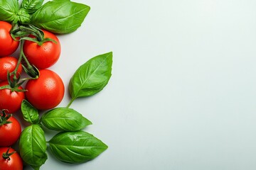 Poster - Red tomatoes with basil leaves isolated on a white background, flat lay, studio lighting, high-resolution photography, insanely detailed, stock photo, professional color grading, award-winning