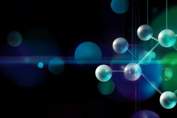 Poster - Bright spheres connected by lines create a molecular structure, surrounded by colorful bokeh lights in a dark background, illustrating scientific concepts. Generative AI