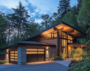 Wall Mural - Modern house with a garage and illuminated entrance, night view. The walls are made of concrete.