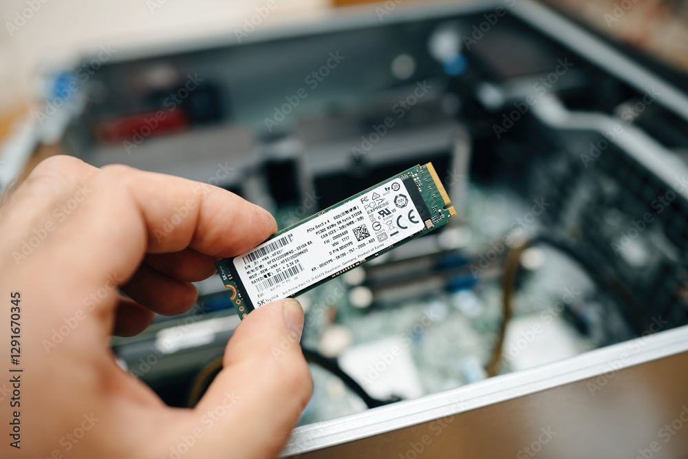 Frankfurt, Germany - Jun 15, 2023: AA person holds an SK Hynix NVMe SSD ...