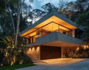 Wall Mural - Modern house with a garage and illuminated entrance, night view. The walls are made of concrete.