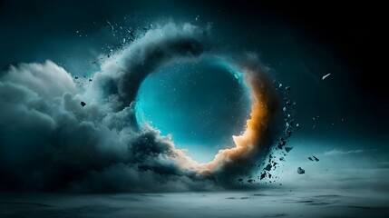 Poster - Mysterious blue energy portals or gateways emitting cosmic radiance and luminous glow in a surreal futuristic and otherworldly sci fi landscape  The scene depicts a dramatic enigmatic