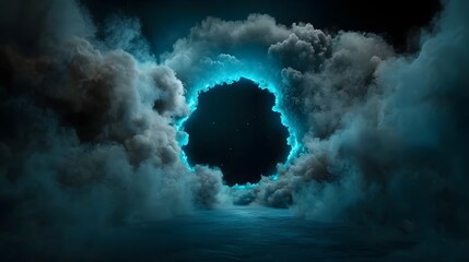 Poster - Mysterious blue energy emitting from a dimensional wormhole portal in a surreal cosmic landscape with a glowing vortex and swirling clouds against a dark atmospheric backdrop