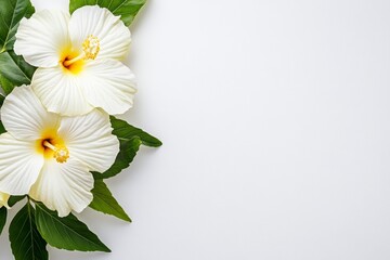 Aufkleber - White flower isolated on white background, top view, flat lay. Flat lay, top view, isolated on white background. White hibiscus with yellow stamens. Floral element for design, photo from the