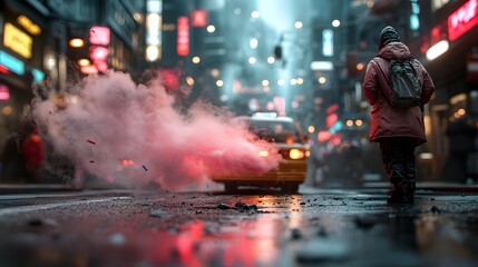 Poster - neon city glowing in a misty futuristic void with vibrant pink and blue hues illuminating the urban landscape at night  A surreal atmospheric and dramatic digital art scene