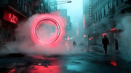 Poster - Neon City Glowing in Surreal Misty Futuristic Void A Captivating Sci Fi Landscape Enveloped in a Radiant Otherworldly Atmosphere
