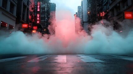 Poster - neon city with towering buildings glowing in an ethereal misty futuristic void illuminated by vivid pink and blue tones creating a surreal dramatic and cinematic atmosphere