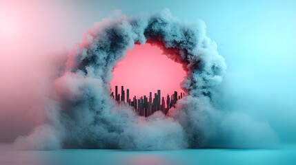 Poster - neon cityscape glowing in a misty ethereal futuristic void with vibrant pink and blue hues creating a striking dynamic and visually captivating digital or artwork