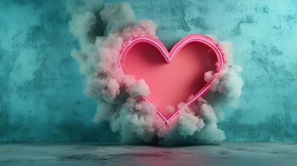 Poster - Neon pink heart shapes framing the edges of an open futuristic cyberpunk inspired aesthetic with a moody dramatic background of smoke and clouds creating a mystical ethereal atmosphere